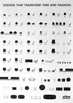 DESIGNS THAT TRANSCEND TIME AND FASHION. Original 1980s poster produced by Vitra illustrating in silhouette form a wide range of Eames furniture designs.